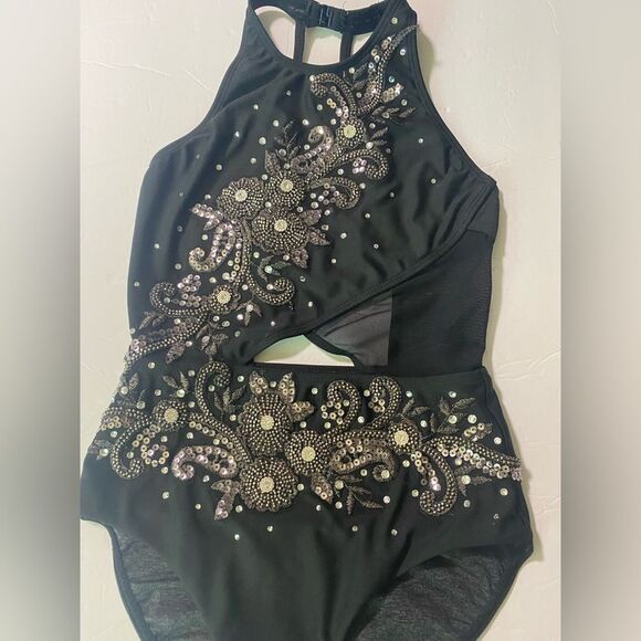 Five 5 Dance costume solo custom black leotard rhinestoned PA petite Small adult - Picture 5 of 12
